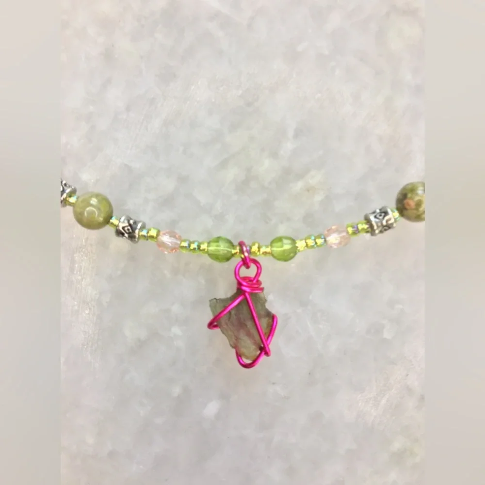 Natural Moldavite Necklace with Unakite Stones, Czech Crystals & Wire Wrapped π - Picture 2 of 15
